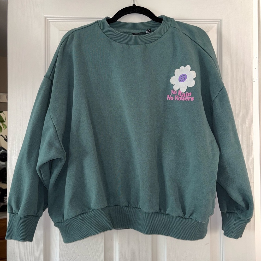 Oversized Teal Crewneck Sweatshirt with Flower Graphic